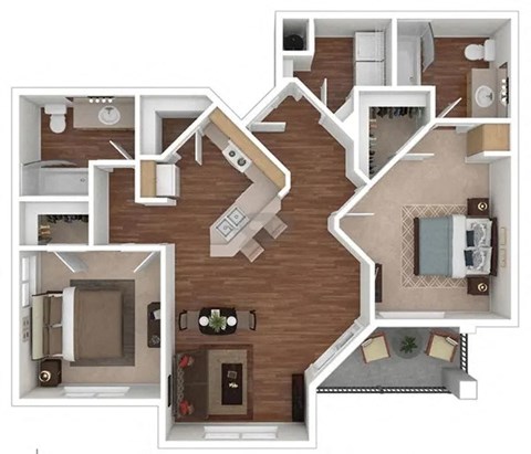 Floor plan for 2 beds, 2 baths, 1037 sqft